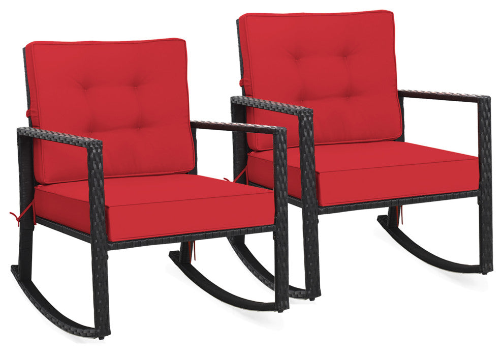 Costway 2PCS Patio Rattan Rocker Chair Outdoor Glider Rocking Chair Cushion Red