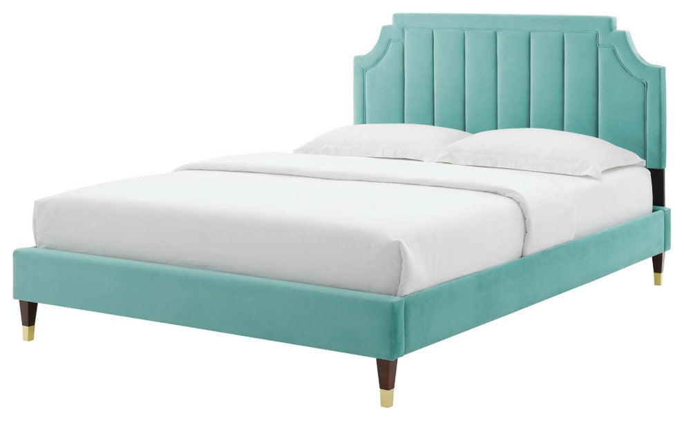 Platform Bed Frame, King Size, Velvet, Blue, Modern Contemporary, Bedroom Master