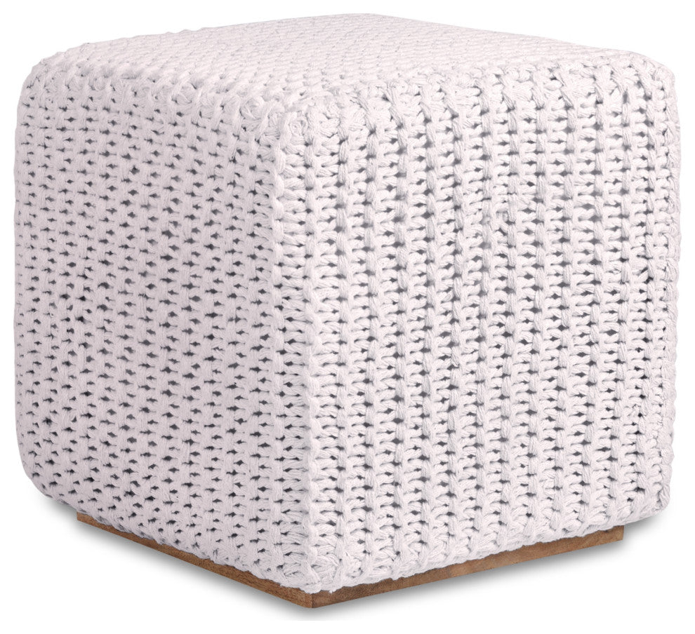 Loft Lyfe Roxy Ottoman, Hand Knitted, Wooden Tray, Cotton Yarn, White
