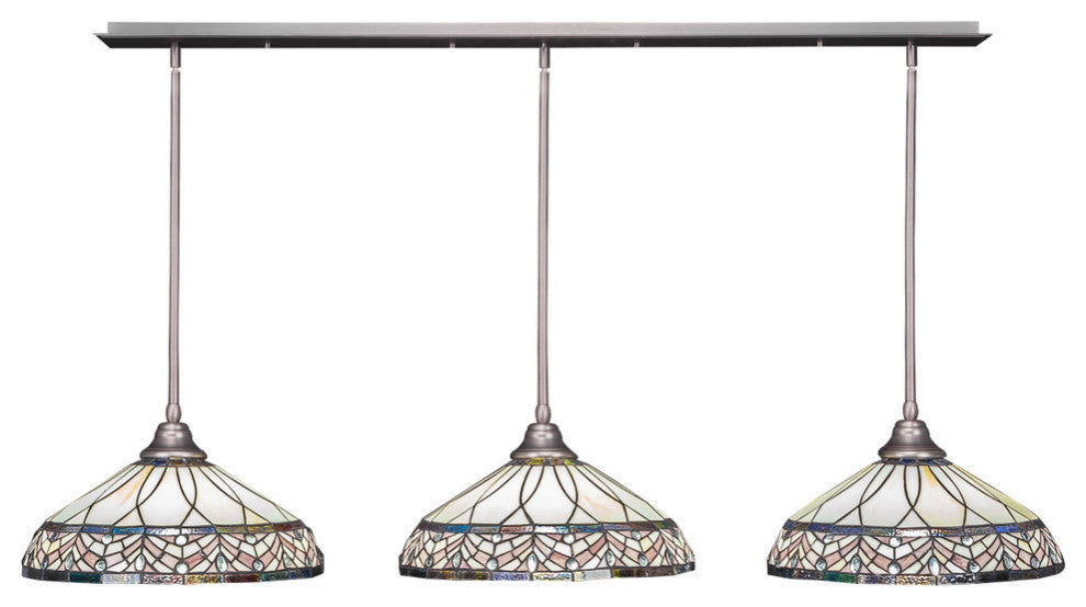 3 Light Mini Pendant In Brushed Nickel, 16" Royal Merlot Tiffany Glass