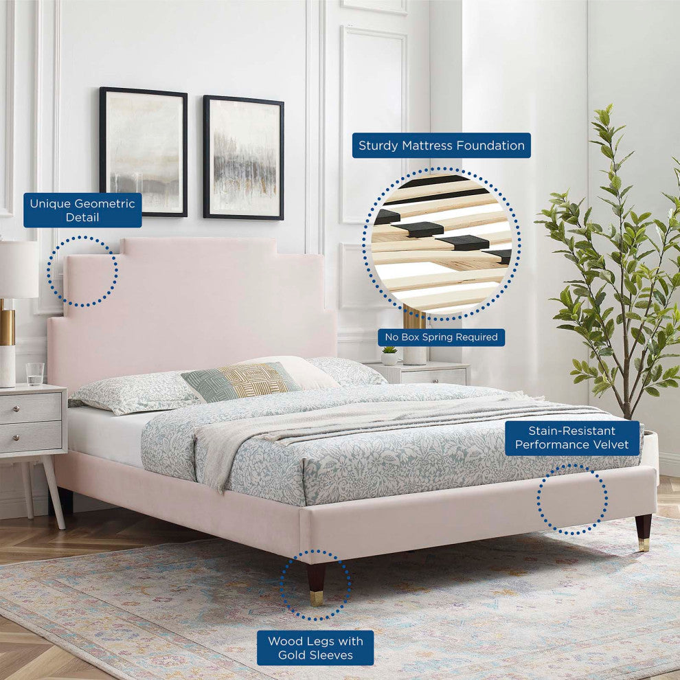 Platform Bed Frame, King Size, Velvet, Pink, Modern Contemporary, Bedroom Master
