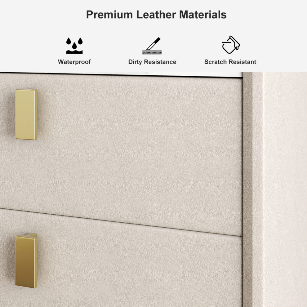 2 Drawers Nightstand PU Leather Bedside Table Nightstand with Gold Metal Legs