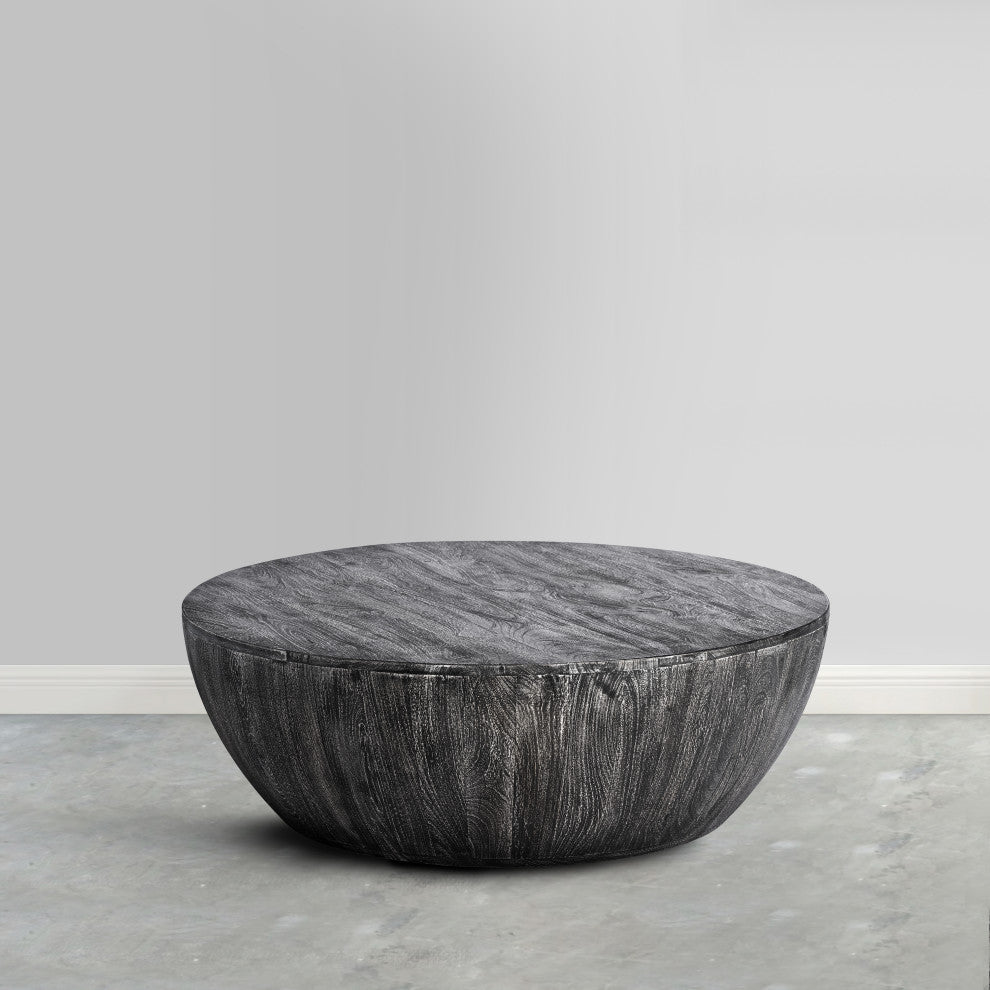 36" Coffee Table Mango Wood Round Drum Sandblasted Black Farmhouse Style