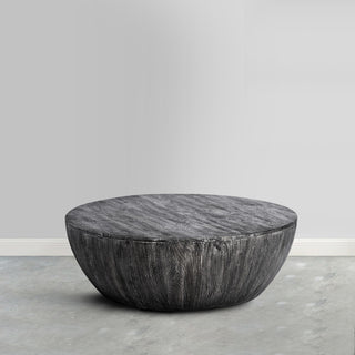36" Coffee Table Mango Wood Round Drum Sandblasted Black Farmhouse Style