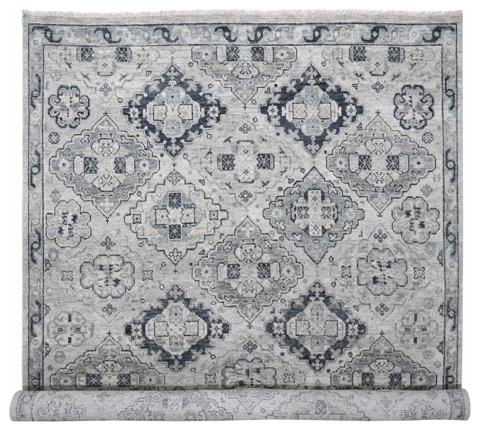 Silver Gray Anatolian Design Soft Wool Hand Knotted Oversized Rug, 11'9"x14'8"