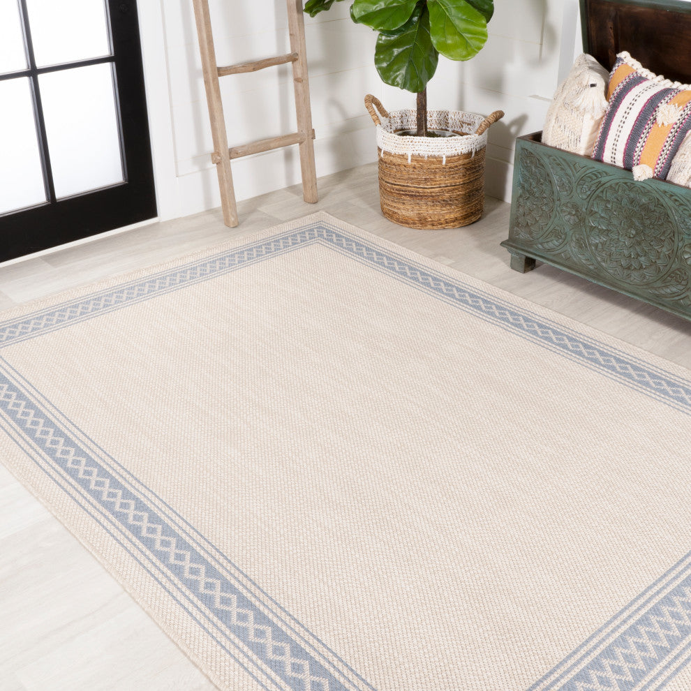 Lucia Classic Diamond Border Indoor/Outdoor Area Rug, Cream/Blue, 8x10