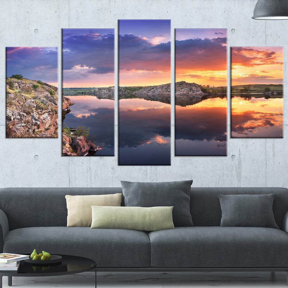 "Large Summer Clouds Reflection" Landscape Canvas Photo Print, 5 Panels, 60"x32"