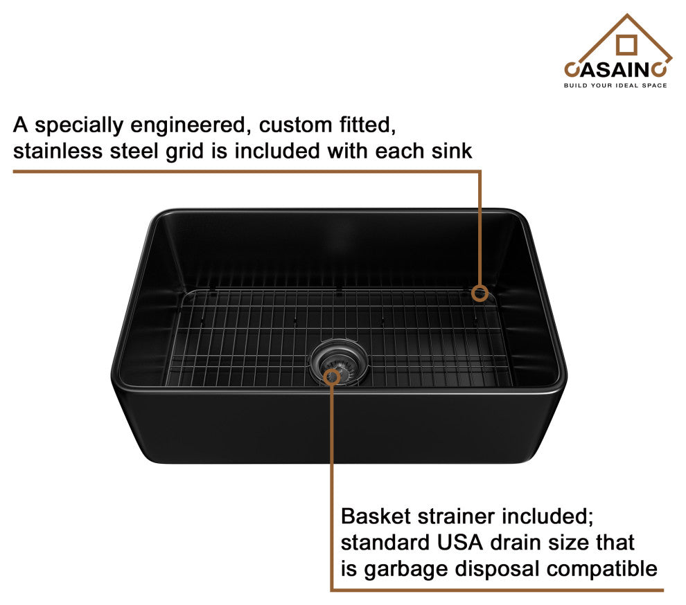 Fireclay 36inch Single Bowl Farmhouse Apron Kitchen Sink with Bottom Grid, 30