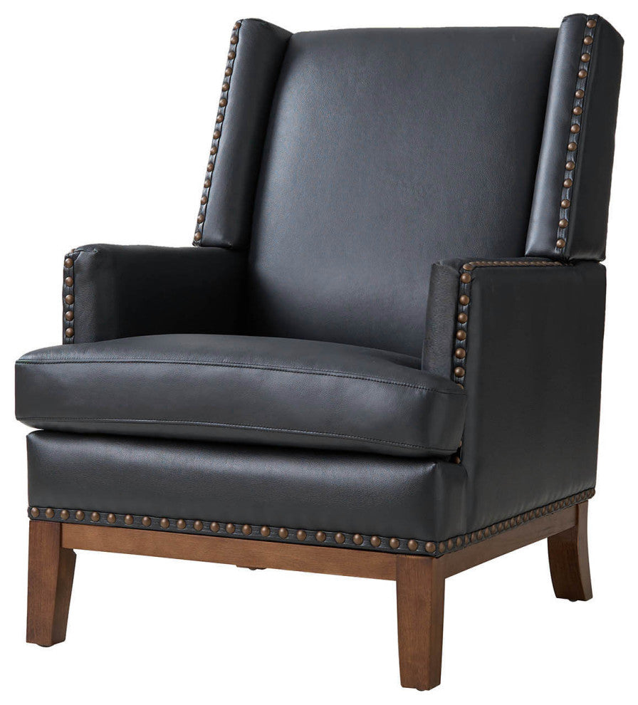 30"W Mid-Century Style Genuine Leather Armchair With Solid Wood Frame, Black