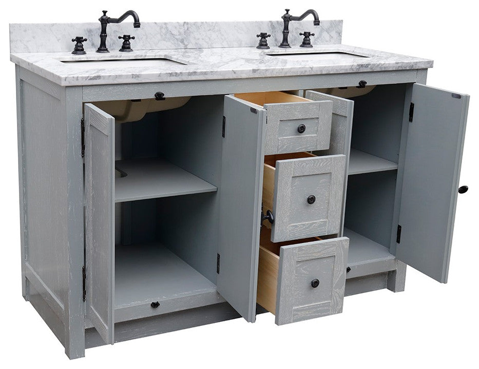 55" Double Vanity, Gray Ash Finish With White Carrara Marble Top