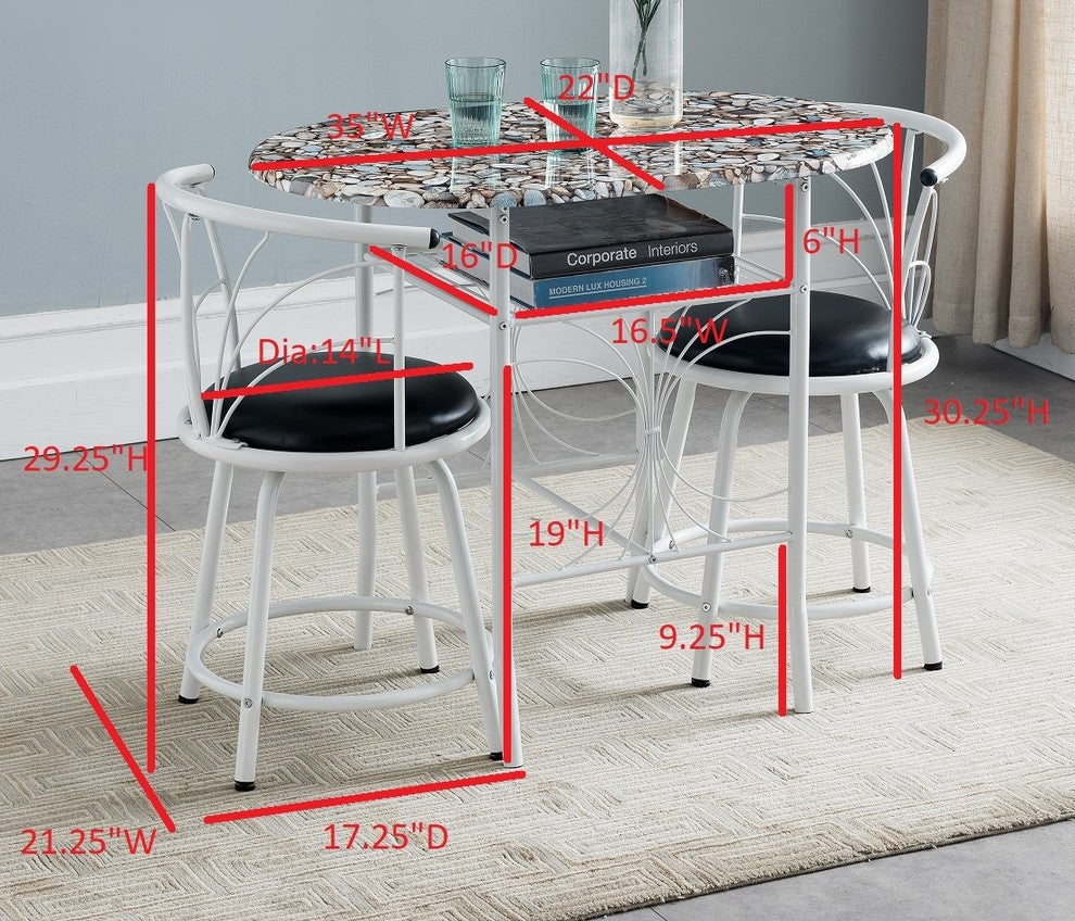 Spiky 3 Piece Black Metal With Cobblestone Wood Top Dinette Pub Set, White