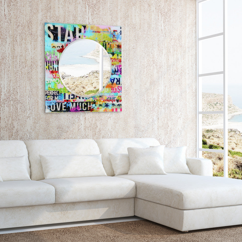 "Star" Square Beveled Wall Mirror on Free Floating Printed Tempered Art Glass