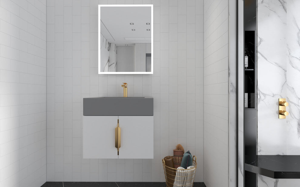 CastelloUSA Nile 24" Wall Mounted Bathroom Vanity Set, White, Gray Top, Gold Handles