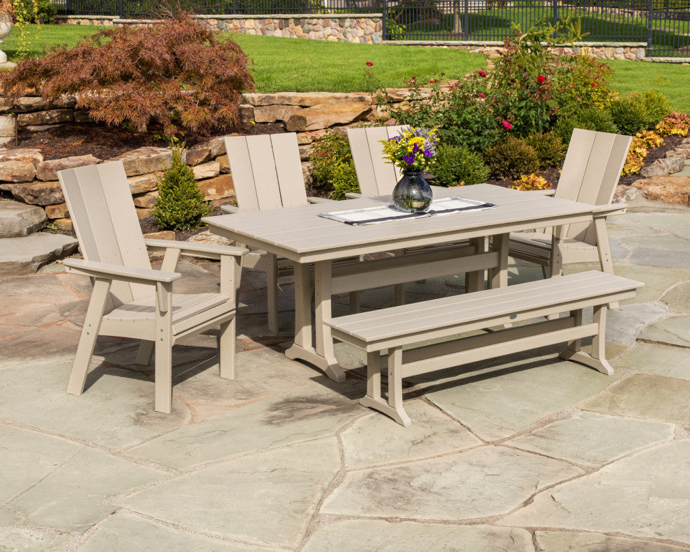 POLYWOOD Modern Adirondack 6-Piece Farmhouse Dining Set With Bench, Black