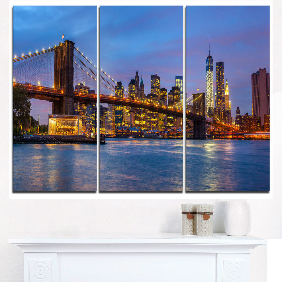 "Brooklyn Bridge With Lights and Reflections" Metal Wall Art, 3 Panels, 36"x28"