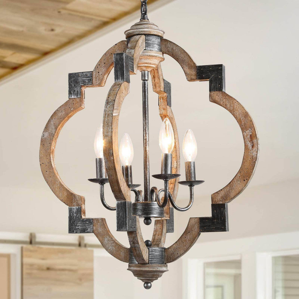 LNC Wood Farmhouse Rustic Lantern Chandeliers, Metal Accented, 4 Lights