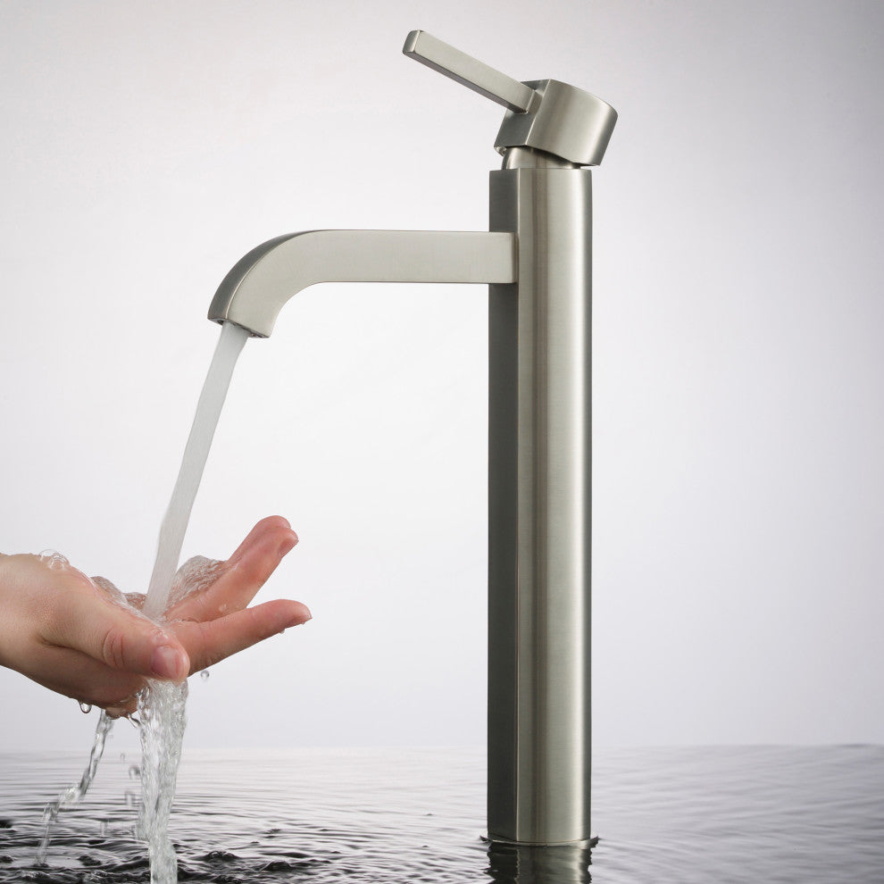 Elavo Rectangle Ceramic Vessel Sink, Bathroom Ramus Faucet, Drain, Nickel