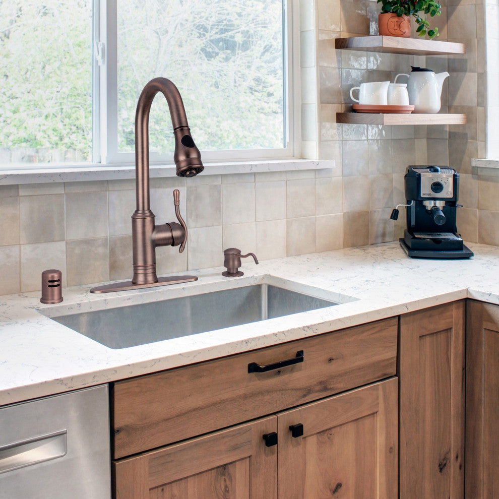 Copper Pull Down Kitchen Faucet, Single Level Solid Brass Kitchen Sink Faucets, American Bronze