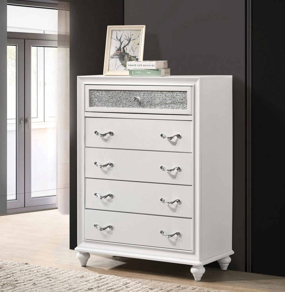 5 Drawers Chest With Acrylic Crystal Accent, Gray and White