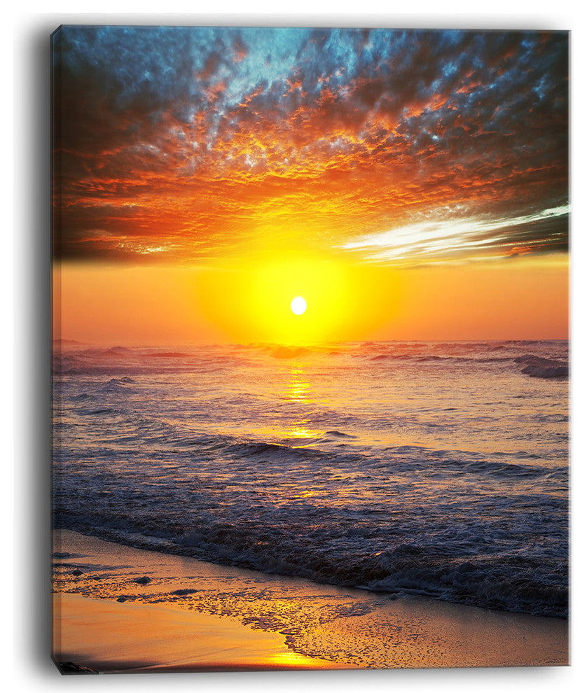 "Bright Sunset Over Blue Waters" Modern Beach Canvas Art Print, 12"x20"
