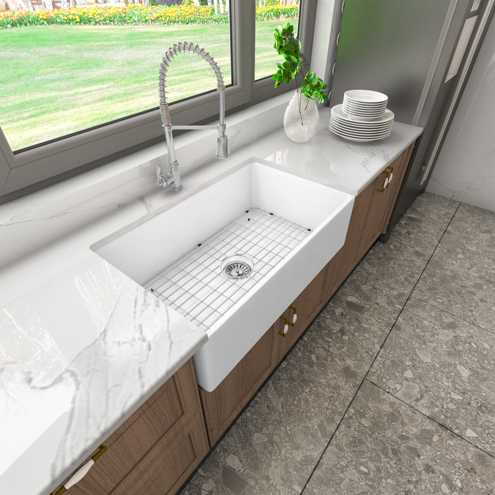 Sinber White Ceramic Double Bowl Apron farmhouse Kitchen Sink With Str, 33"x17"