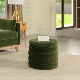 Fuji 19" Oversized Horizontal Tufted Round Storage Ottoman, Olive Green Performance Velvet