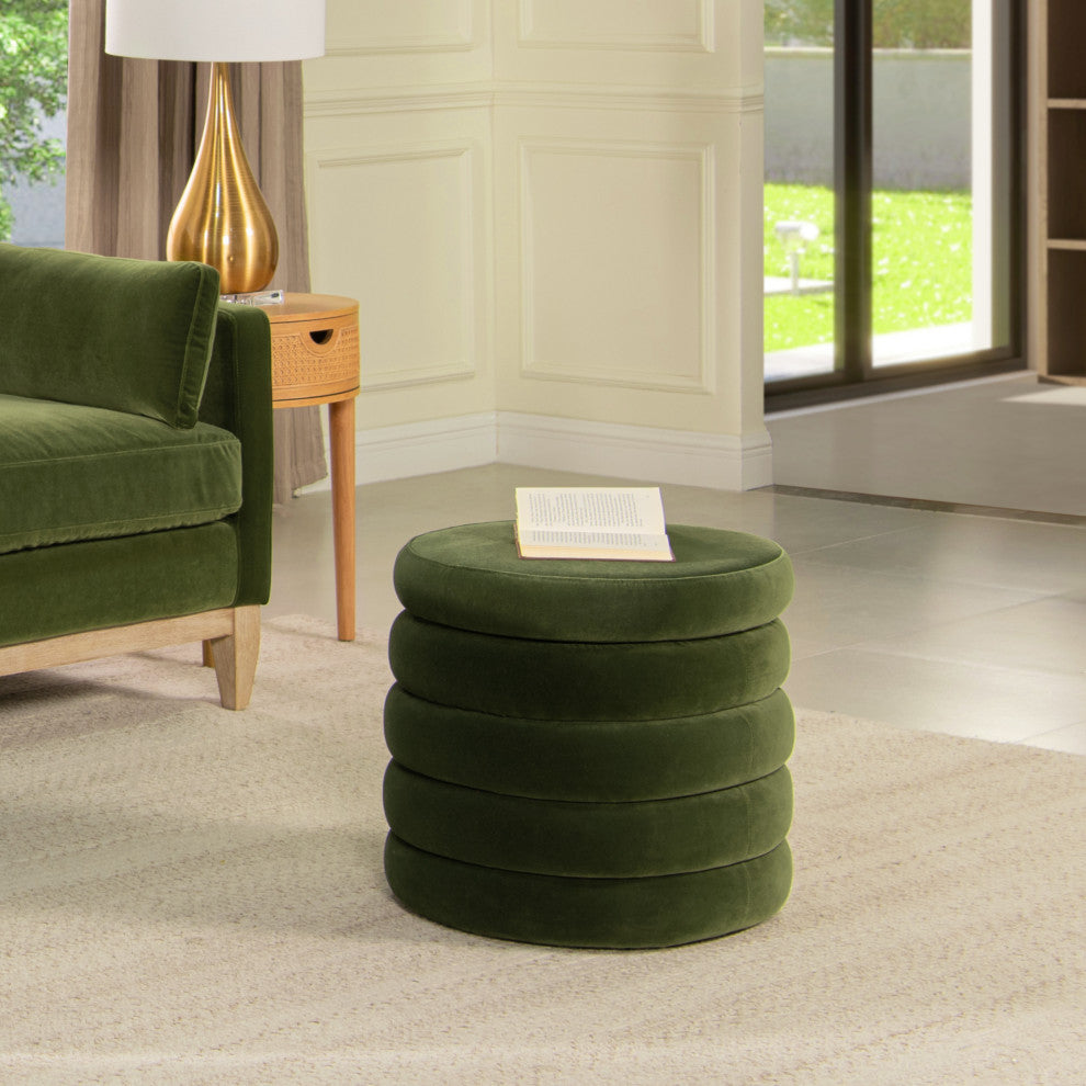 Fuji 19" Oversized Horizontal Tufted Round Storage Ottoman, Olive Green Performance Velvet