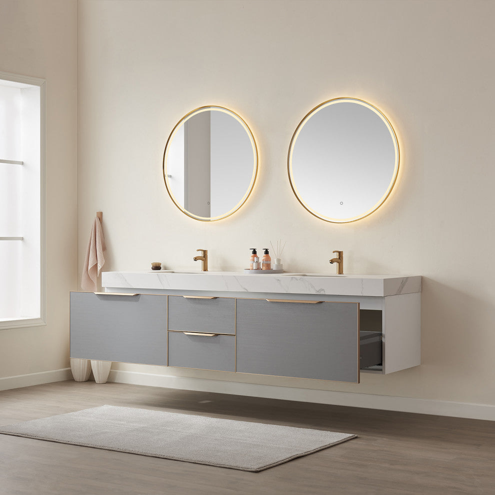 Alicante Vanity With Stone Countertop, Elegant Grey, 84", With Mirror