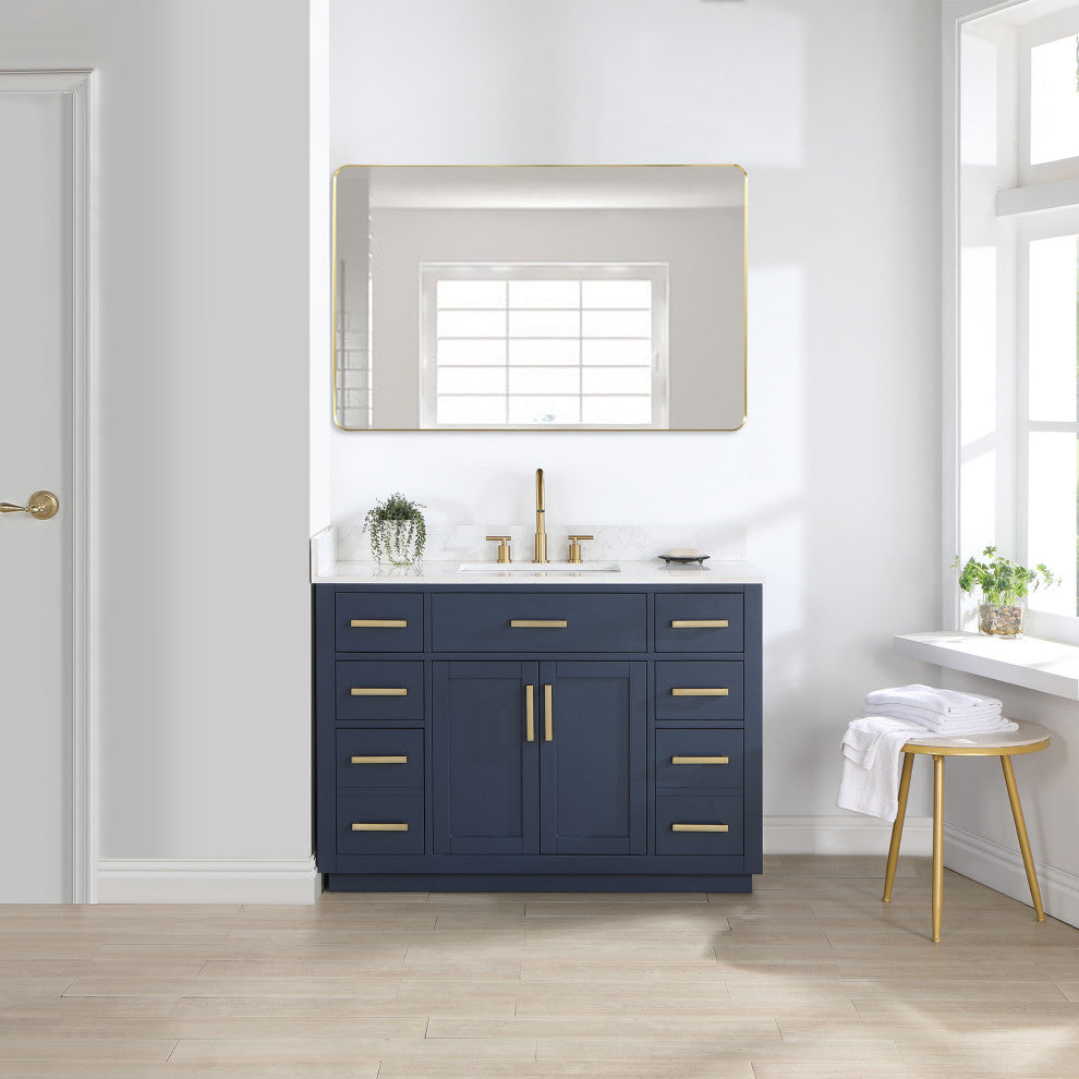 Gavino Vanity With Grain White Composite Stone Top, Royal Blue/Brushed Gold, 48", No Mirror