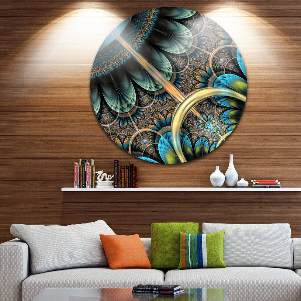Blue Brown Fractal Floral Pattern, Floral Round Metal Wall Art, 23"