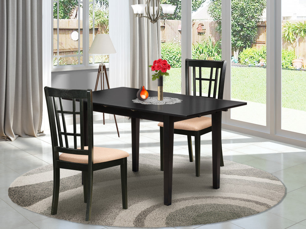 3-Pc Dinette Set 2 Wood Dining Chairs, Butterfly Leaf Dining Table, Black