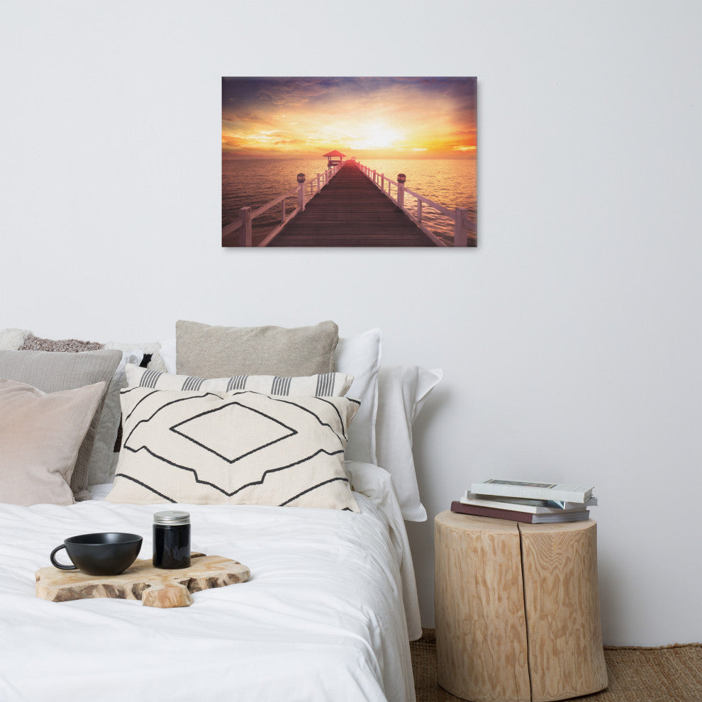 Surreal Wooden Pier at Sunset Landscape Photo Canvas Wall Art Prints, 24" X 36"
