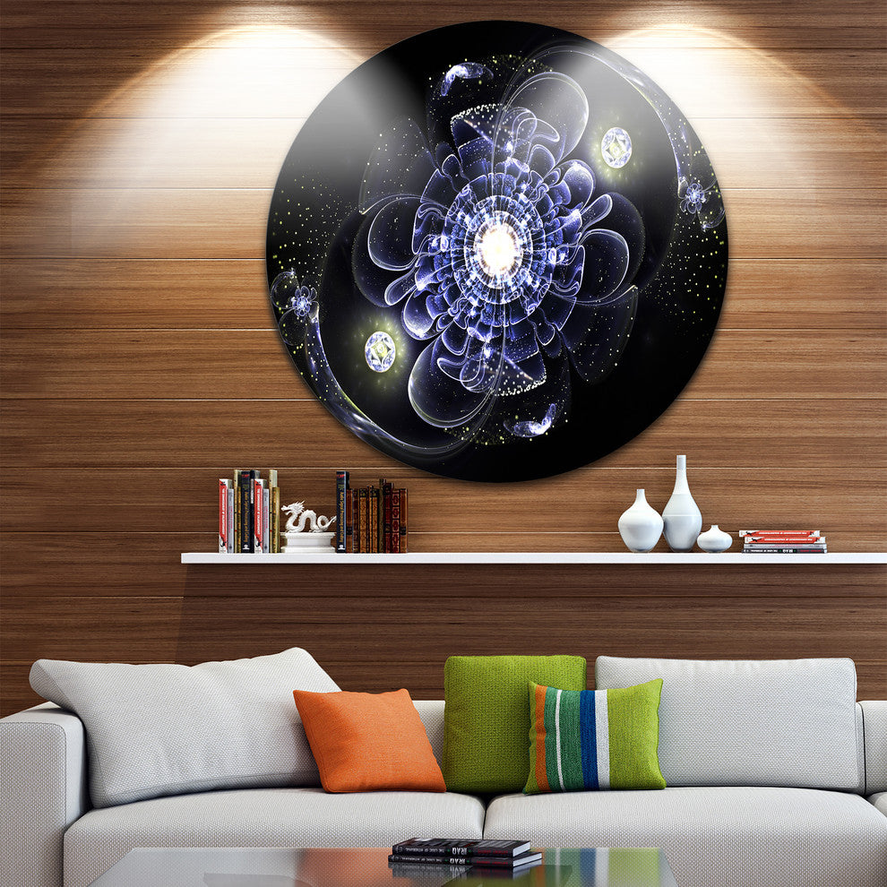 Fractal Flower Bright Blue Digital Art, Floral Disc Metal Artwork, 36"