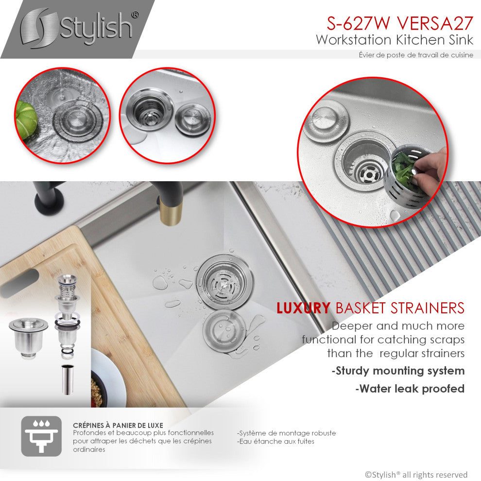 STYLISH 27'' Workstation Single Bowl Undermount 16G Stainless Steel Kitchen Sink