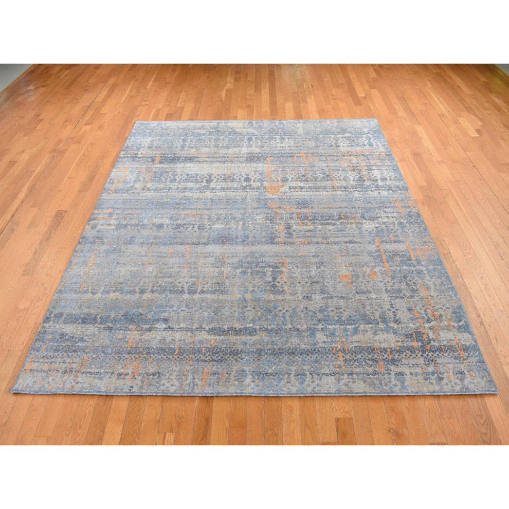 Blue Silk with Wool Tone on Tone Modern Design Hand Knotted Rug 8' x 10'