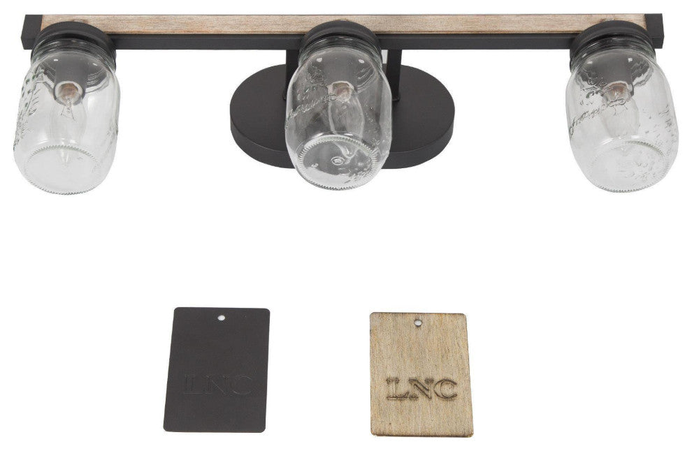 LNC Farmhouse 3-Light Bathroom Vanity Light with Mason Jar Shade and Wood Accent