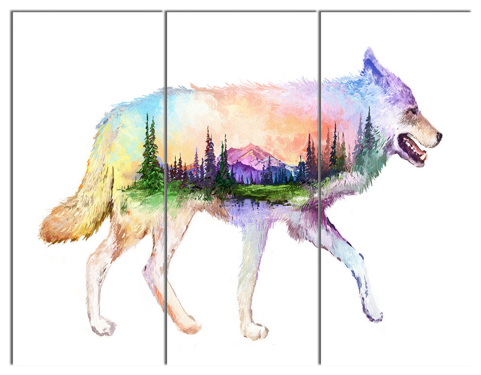 Wolf Double Exposure Illustration, Animal Canvas Art Print, 36x28, 3 Panels