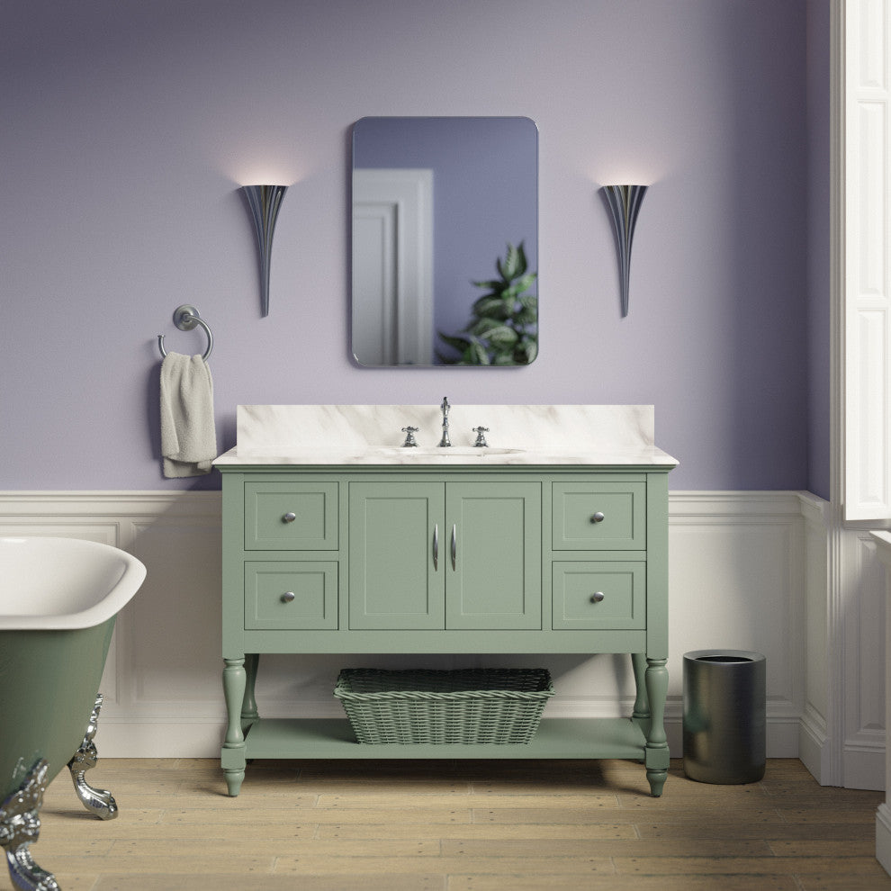 Beverly 48" Bathroom Vanity, Sage Green, Carrara Marble