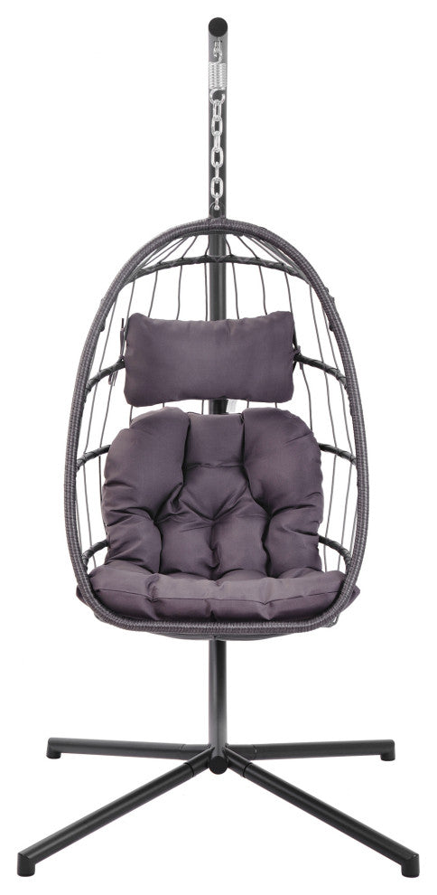 Outdoor Patio Wicker Swing Chair Hanging Egg Chair With Cushion, Dark Gray