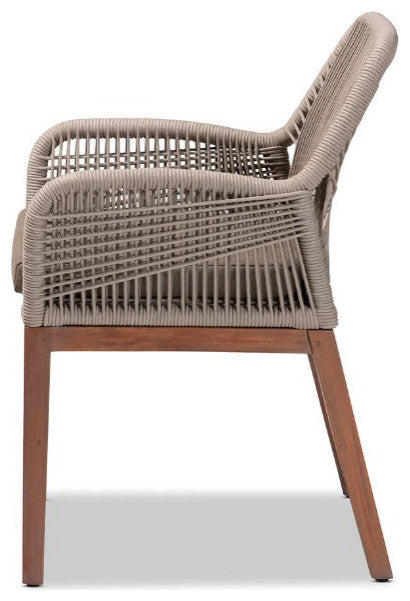 Mid-Century Transitional Gray Woven Rope Mahogany Dining Arm Chair
