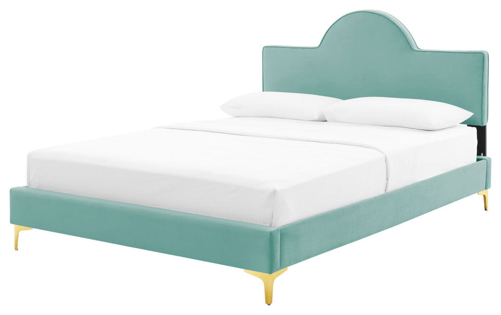 Platform Bed Frame, Queen Size, Blue, Velvet, Modern, Bedroom Guest Suite