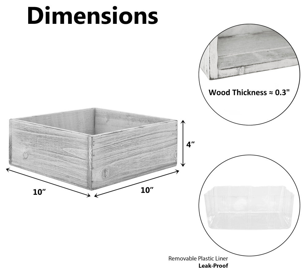 Natural Wood Square Planter Box w/ Removable Plastic Liner 10"x10"x4" Set of 2, White