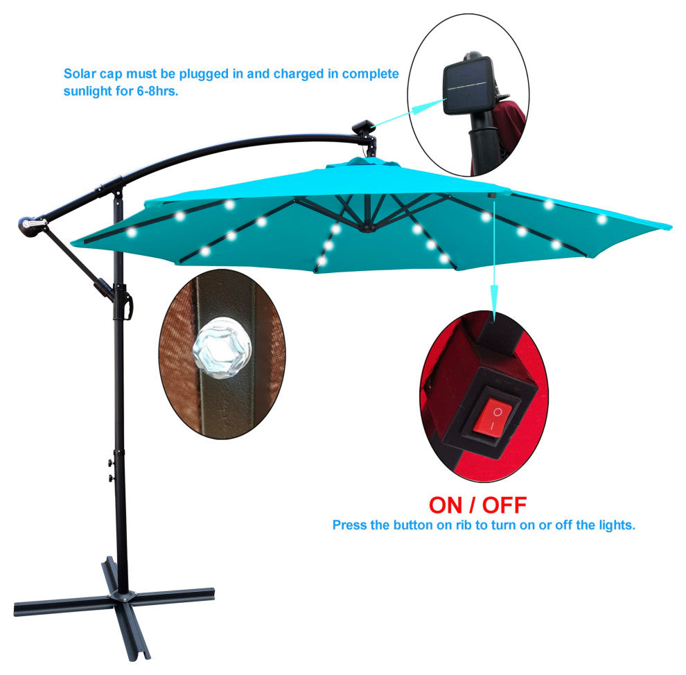 10' Steel Patio Umbrella Outdoor Market With Crank and LED Lights, Light Blue