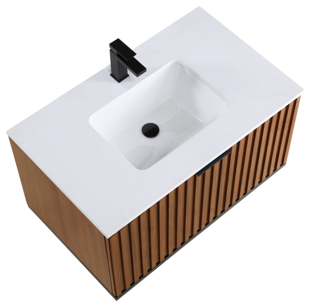 Terra Bathroom Vanity, Walnut/Matte Black With White Quartz, 36", White Quartz Top