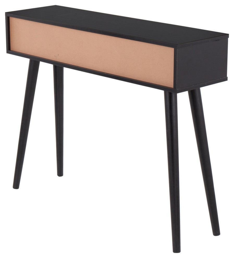 Bora Bora Contemporary Console Table, Black Wood With Rattan Accents