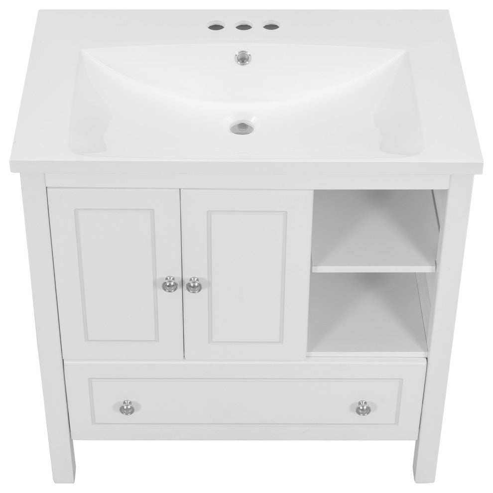 30" W x 18., D. x 32" H Bath Vanity, White Ceramic Top, White