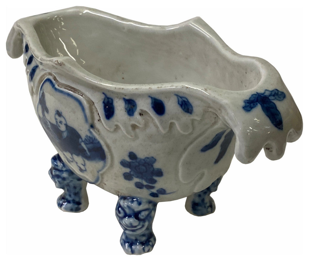 Chinese Oriental Blue Off White Porcelain Graphic Container Planter Hws1792