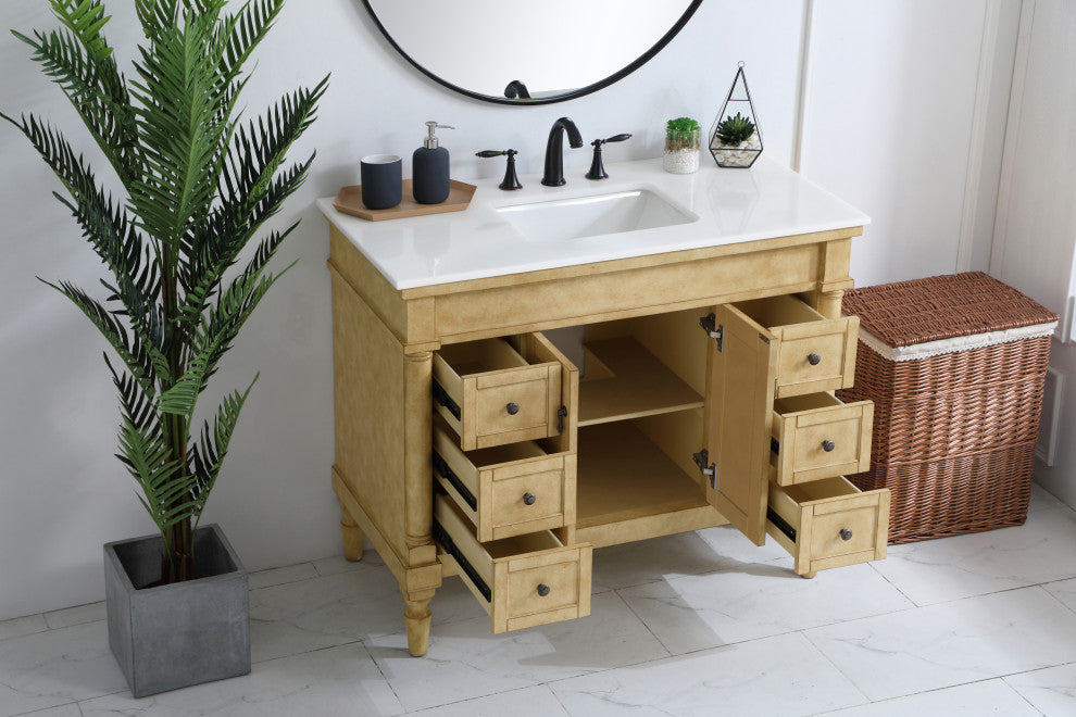 42" Single Bathroom Vanity, Antique Beige With Ivory White Engineered Marble