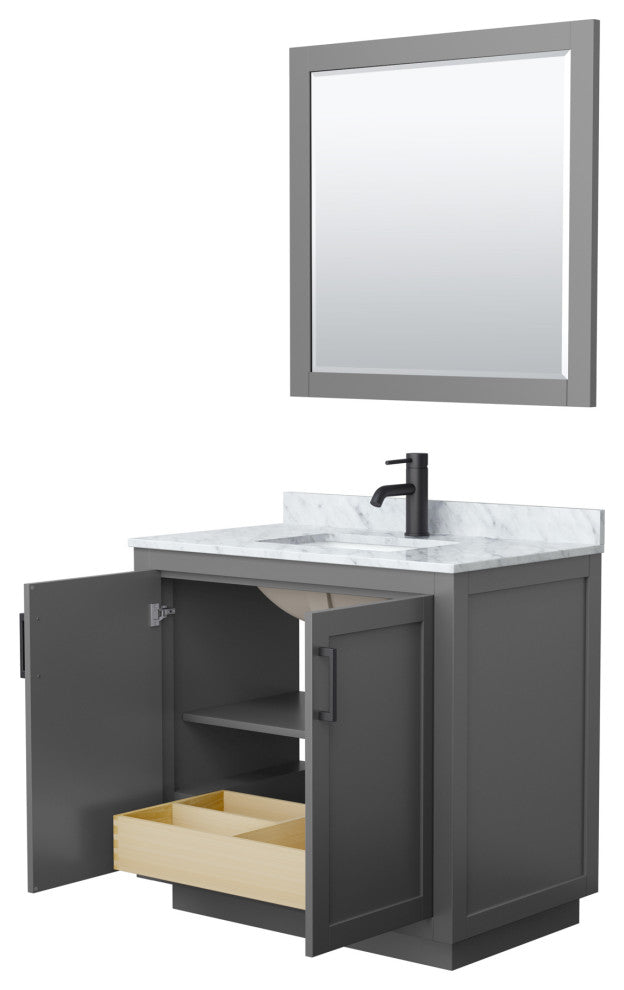 36"SGL Bathroom Vanity Dark Gray, Carrara Countertop, Sink, Black Trim,34"Mirror