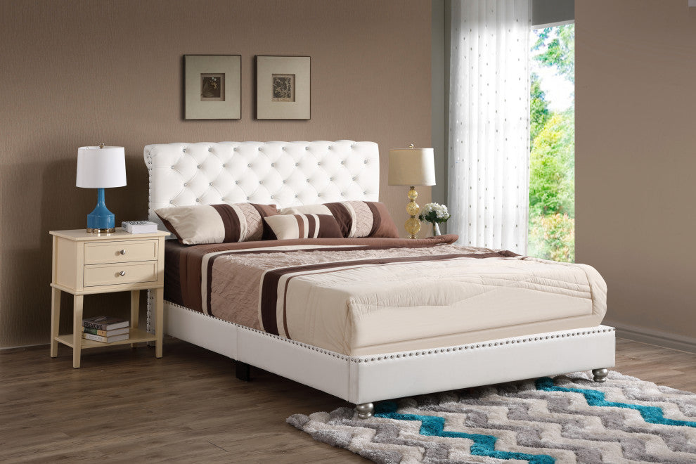 Princeton Tufted Upholstered Faux Leather Bed, White, Full